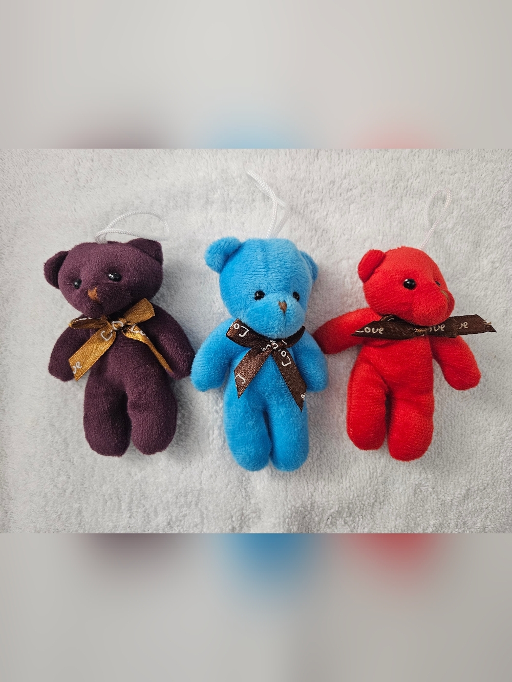 Set of 3 Small Plush Bears Red Blue Purple Love Ribbon 4" One Small Repair